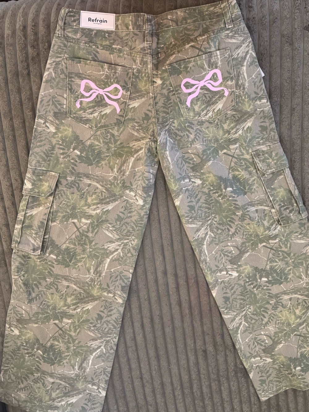 Women’s Green Camouflage Wide-Leg Cargo Pants with Pink Bow Detail